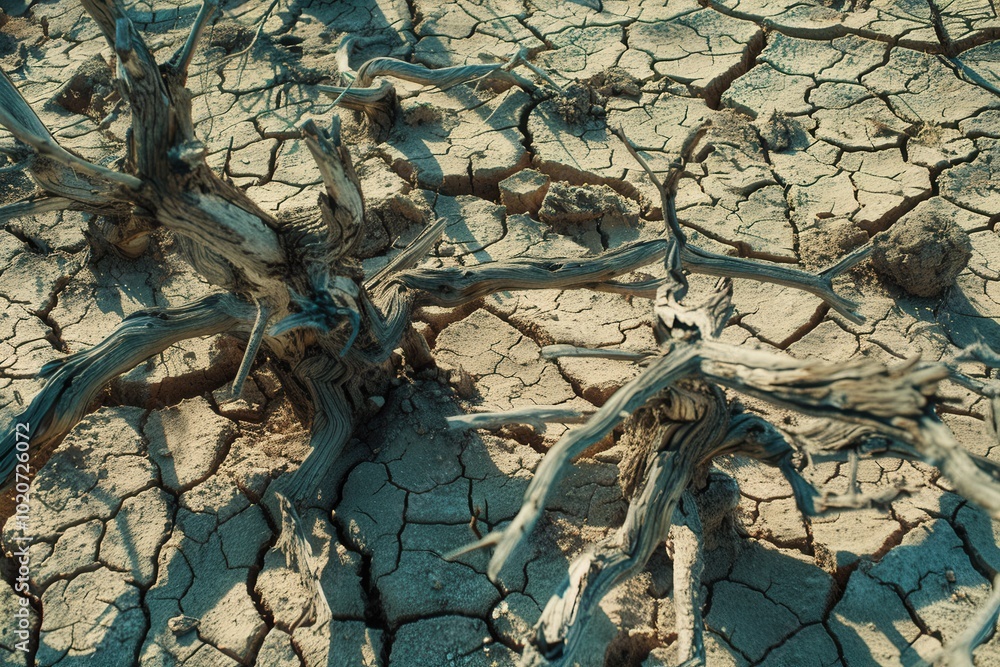 Poster the landscape features dead trees resting on fractured, dry earth, illustrating the stark effects of