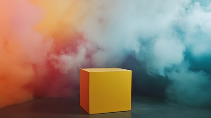 Empty yellow podium in a room filled with thick and bright colored smoke. Best graphic resources