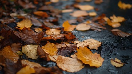 A very realistic depiction of golden, rain-soaked autumn leaves lying on a black wet surface