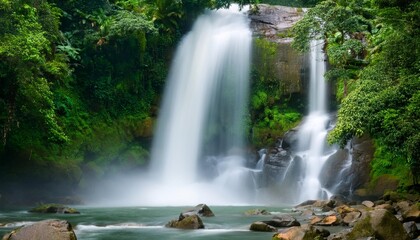 majestic waterfall cascades through lush green mountains mist rises from powerful rapids dense rainforest surrounds creating breathtaking natural landscape long exposure effect on water