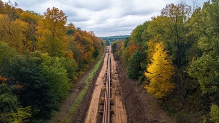 Steel pipelines under construction passing through wooded landscape for major infrastructure project