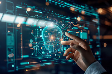 Hand interacting with digital brain hologram on futuristic interface, symbolizing AI and data analysis