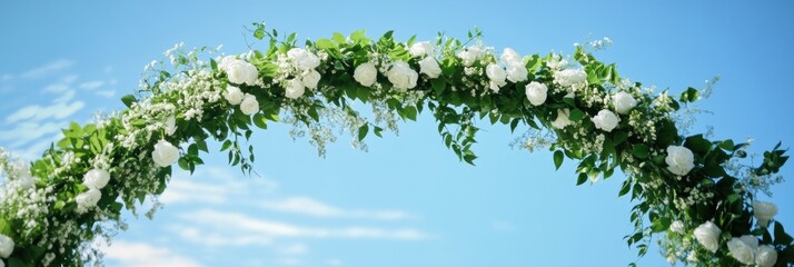 Obraz premium Elegant wedding arch with lush greenery, white flowers, set against a vibrant blue sky, perfect for a romantic celebration backdrop