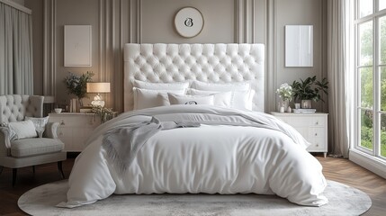 Fototapeta premium A serene bedroom with a tufted white headboard, plush bedding, and elegant decor, creating a cozy and luxurious ambiance.