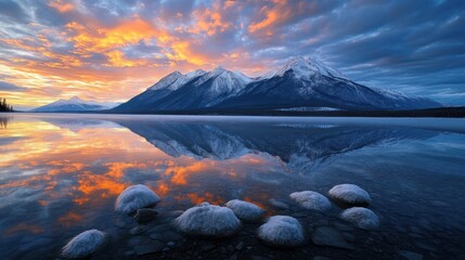 Fototapeta premium Snow-capped Mountain Range Reflected in Calm Lake at Sunset