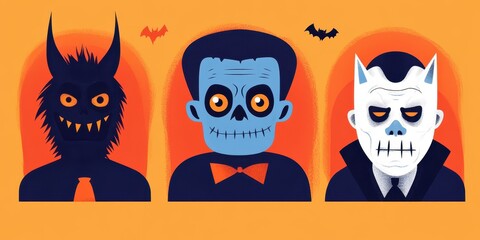 Stylized Halloween characters featuring a monster, a skeleton, and a vampire against a vibrant orange background.