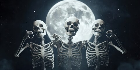 Three cheerful skeletons standing under a full moon, creating a spooky but fun atmosphere in a night sky.