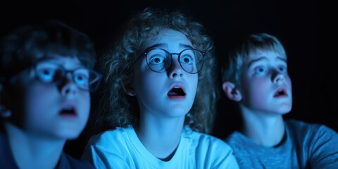 Obraz premium Three children captivated by a screen, their eyes wide with wonder and amazement in a darkened environment.