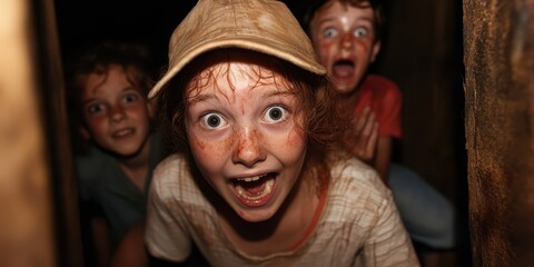 Obraz premium Three children in a dark space, expressing excitement and surprise, showcasing playful adventure and imagination.