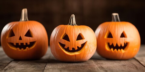 Fototapeta premium Three festive Halloween pumpkins with carved spooky faces, perfect for autumn decorations and seasonal celebrations.
