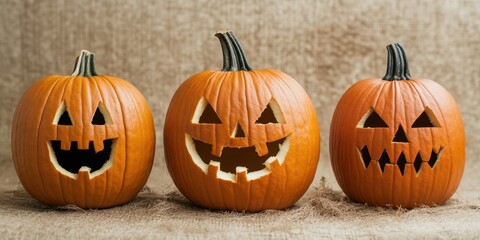 Three intricately carved Halloween pumpkins with different spooky faces, resting on a rustic, textured background.