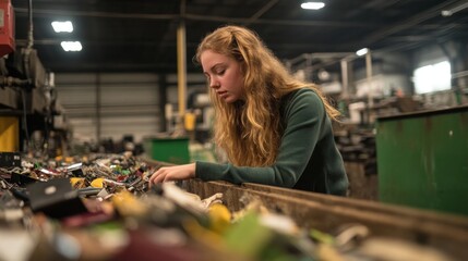 Fototapeta premium Woman sorting electronics in a recycling facility amidst machinery