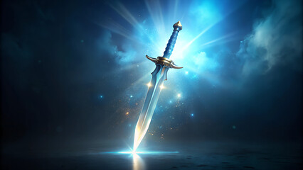Magical sword glowing with radiant light and sparkles in a mystical atmosphere
