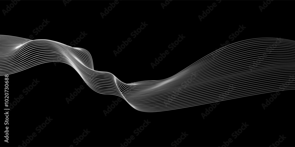 Poster Abstract vector wavy lines flowing smooth curve white light gradient color on black background in concept of technology, science, music, modern.