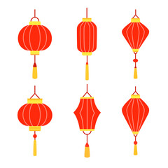 Chinese red holiday lanterns set. Different shapes Asian decoration. Design cartoon elements in flat style. 