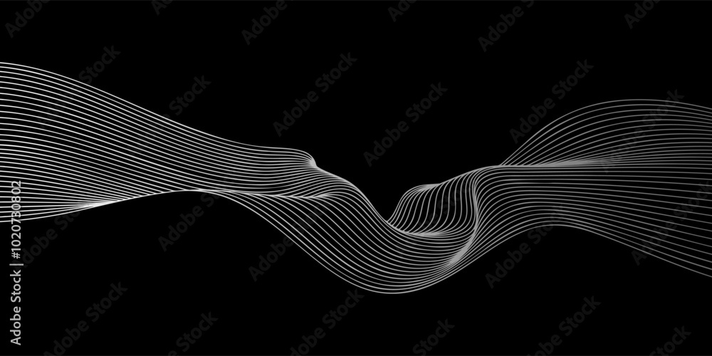 Poster Abstract vector wavy lines flowing smooth curve white light gradient color on black background in concept of technology, science, music, modern.