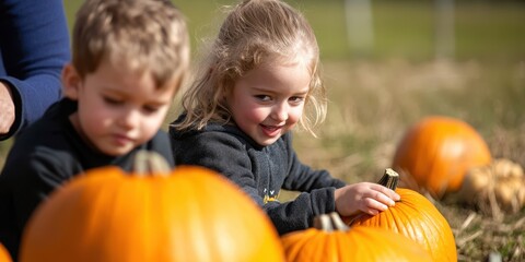 Fototapeta premium Two children play joyfully with pumpkins in a sunny field, capturing the essence of autumn festivities and family fun.