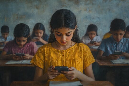 students using smartphones in classroom