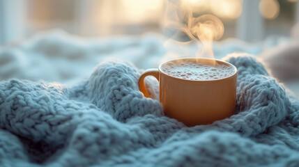 Warm and inviting, steaming cup of coffee rests on cozy knitted blanket, creating serene atmosphere perfect for relaxation and comfort.