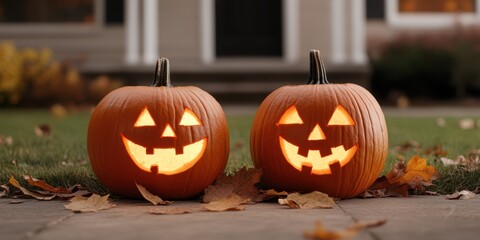 Obraz premium Two smiling jack-o'-lanterns glowing in the evening, surrounded by fallen leaves, perfect for Halloween festivities.