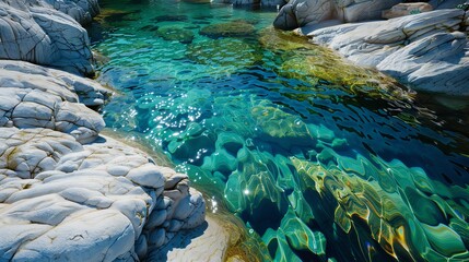 Boulder-covered riverbed, crystal-clear water flowing through, 3D illustration
