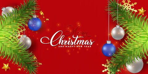 Merry Christmas red gradient background design with Christmas ball, snow, and light effects. Realistic Christmas invite card design with a gift box and red color. Christmas holiday background. 