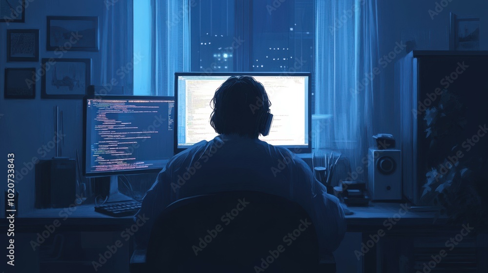 Poster silhouette of a person working on a computer in a dark room