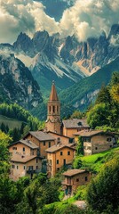 Fototapeta premium Charming village nestled in the mountains, showcasing stunning peaks and a serene landscape under a dramatic sky.