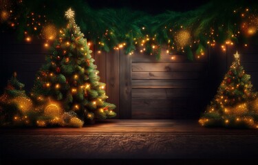 Two decorated Christmas trees with string lights in front of a rustic wood wall.