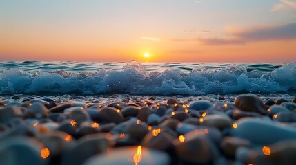 Obraz premium Retro sunset over a rocky beach, waves gently rolling against the shoreline, soft colors of orange and pink
