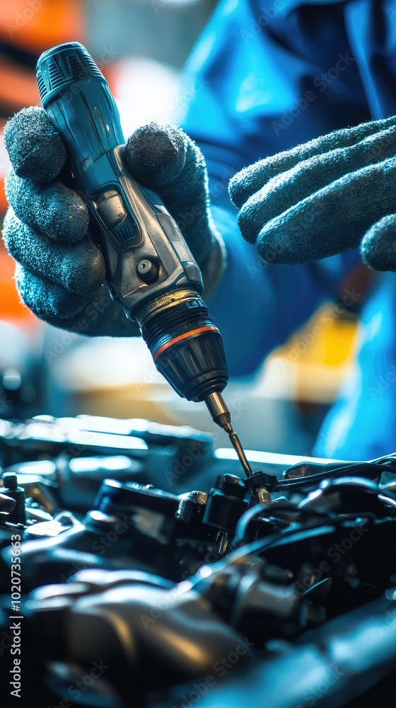 Poster close-up of a technician using a power tool to work on an engine, showcasing precision and technical