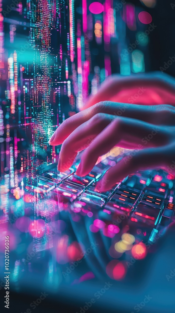 Poster close-up of hands typing on a keyboard, surrounded by vibrant digital data and colorful lights, show