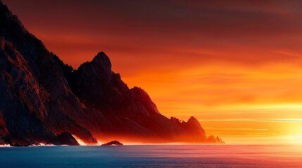 Rocky cliffs bathed in the warm glow of a retro sunset, soft waves breaking below, a tranquil atmosphere