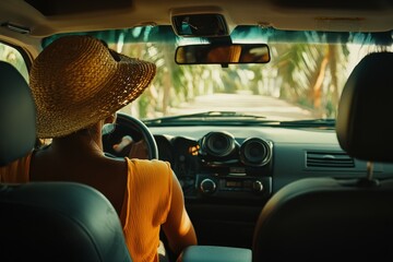 Naklejka premium Driving through the countryside in a vintage car