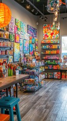 Naklejka premium Colorful art supply store filled with vibrant paint, brushes, and creative materials for artists and crafts enthusiasts.