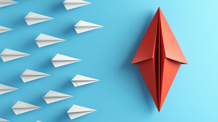 A vibrant image of a red paper airplane leading a formation of white airplanes against a blue background, symbolizing innovation and leadership.
