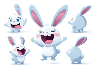 Fototapeta premium Set of cute rabbits in playful cartoon poses, isolated on a white background. 