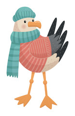 Flat standing funny marine bird character seagull in a hat, scarf and sweater on a white background