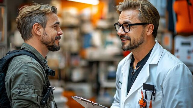 Two men engage in a conversation in a bustling medical supply store about health tips and best products as fall approaches