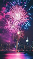 Colorful fireworks illuminate the night sky over a vibrant city skyline, creating a stunning visual display of celebration.