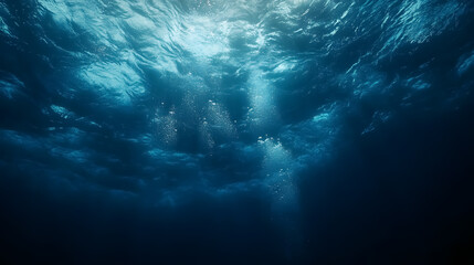 Obraz premium Dark Blue Ocean Surface Seen from Underwater: An underwater view of the ocean surface with a dark blue hue, capturing the depth and mystery of the sea.