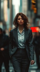 Fototapeta premium Confident businesswoman walking through a busy urban street, showcasing modern fashion and professional demeanor in a city setting.