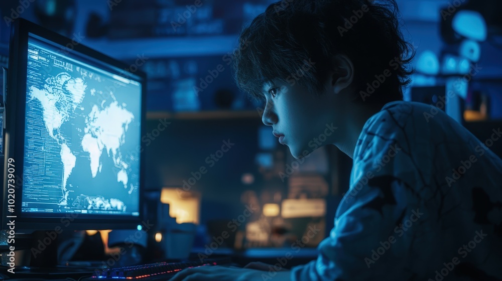 Poster young person intently studying world map on computer screen