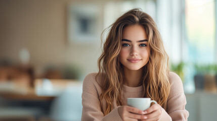 young woman with long, wavy hair holds cup while smiling warmly in cozy, softly lit room.
