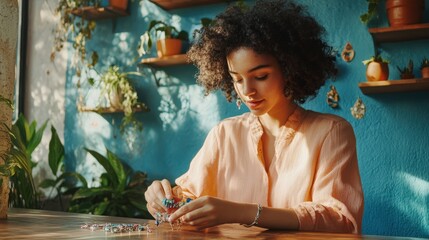 woman with curly hair arranging jewelry in cozy home