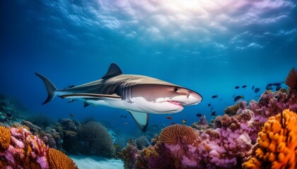 Fototapeta premium a solitary tiger shark patrolling its territory surrounded by an ethereal blur of vibrant coral reefs