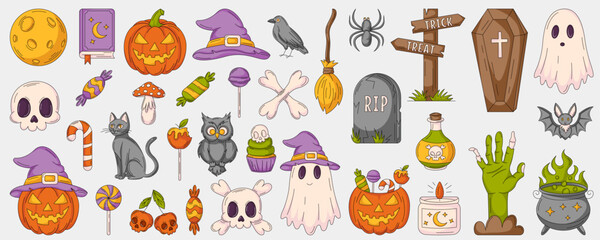 Halloween elements vector set. Cute illustrations collection of spooky ghost, pumpkin, sweets, spell book, witch hat, skull, bones, zombie hand. Icons with editable stroke for decoration, print, party