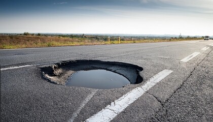 damaged asphalt road with deep pothole on american highway surface ruined roadway in urgent need of repair