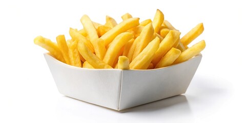 French fried chips in a white paper box isolated on white background Macro