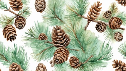 Obraz premium Rustic Watercolor Pine Branches and Cones for Natural Winter Decor
